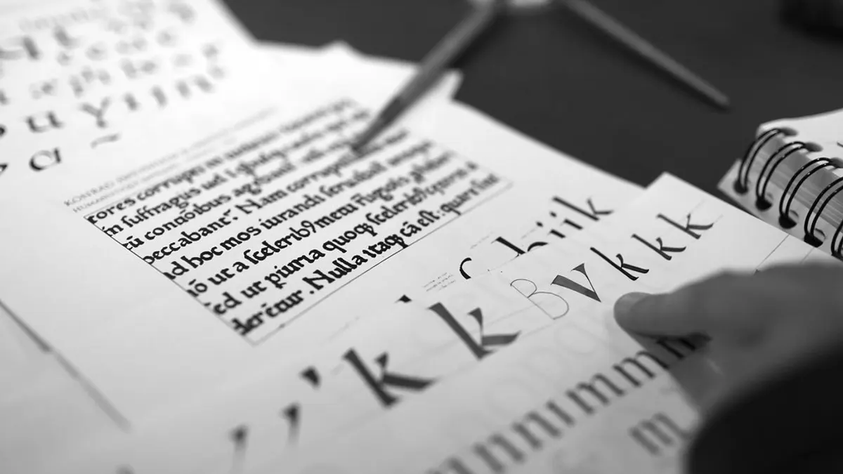 Zwart-witfoto van oefenbladen met letterontwerpen en een voorbeeldtekst, met een pen erboven
