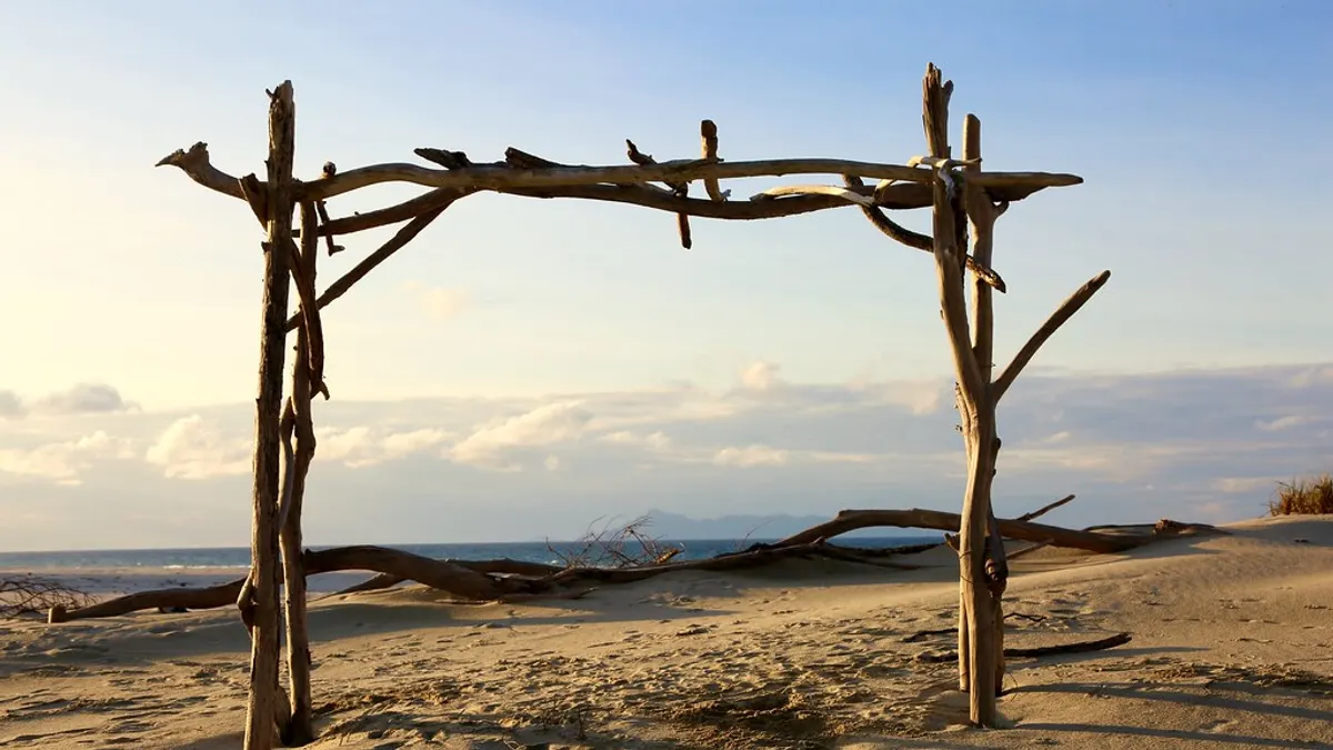 Een trouwboog van drijfhout op een zandstrand met de zee op de achtergrond